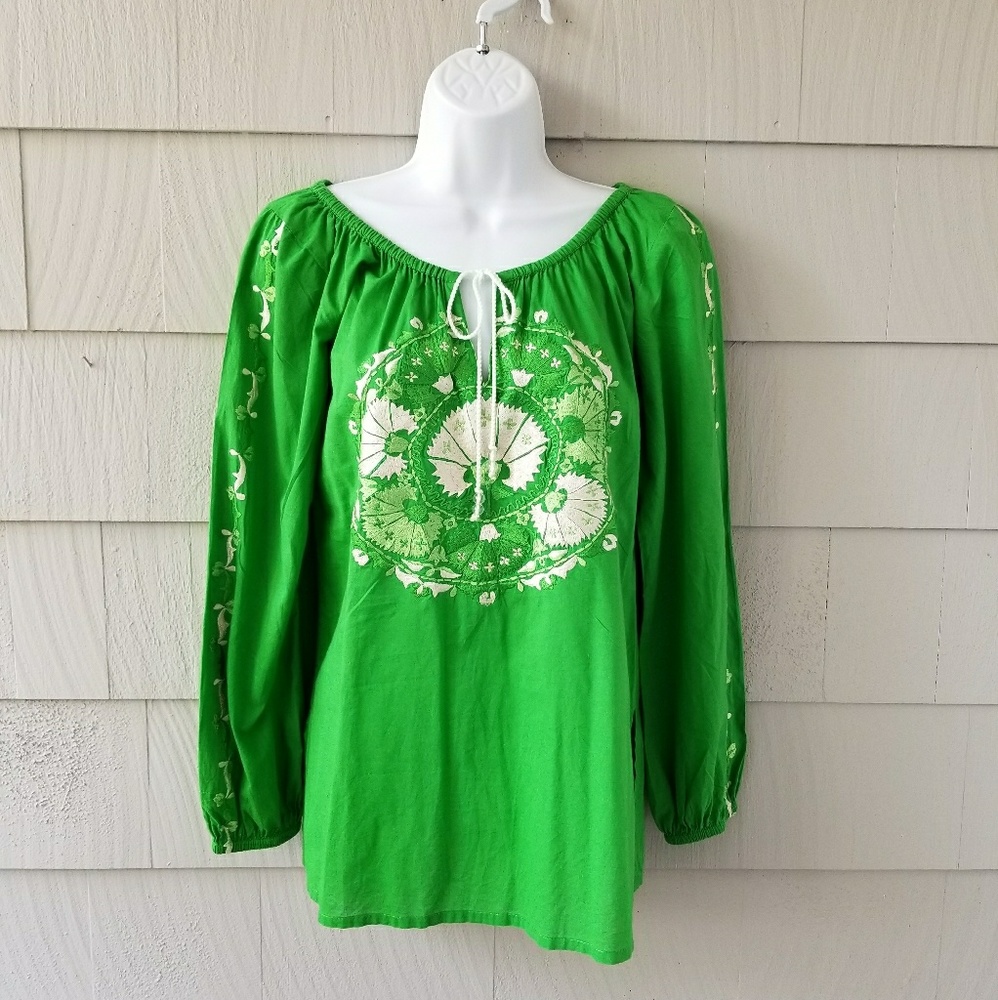 Tasha London Green Cotton Embroidered Top S EUC